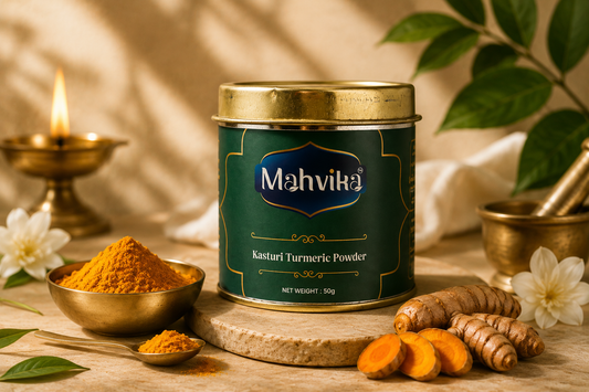 Mahvika Kasturi Turmeric powder shown in open jar