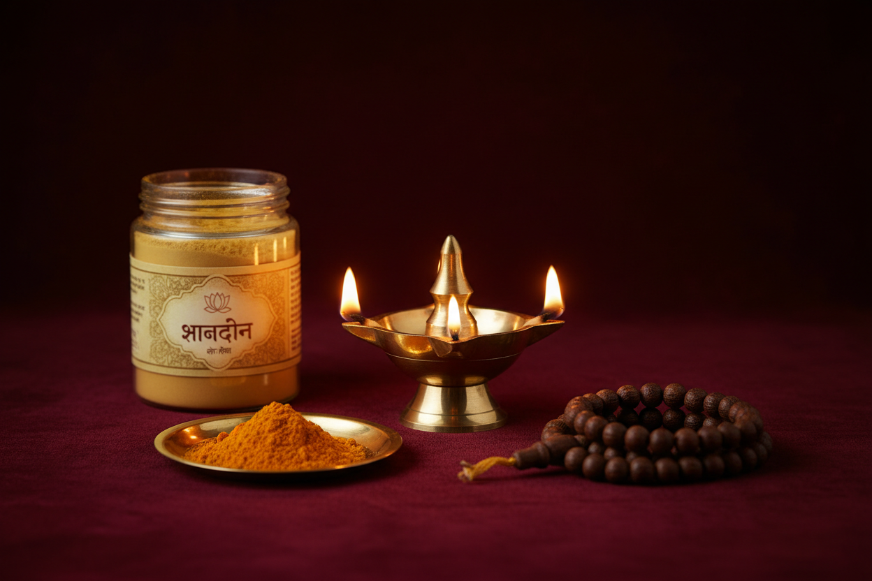Luxury maroon background home altar scene: brass diya glowing, jar of chandan powder with gold label, turmeric pile, prayer beads, soft cinematic lighting, high-resolution product photography, warm gold highlights, minimal composition — premium Indian spiritual brand mood